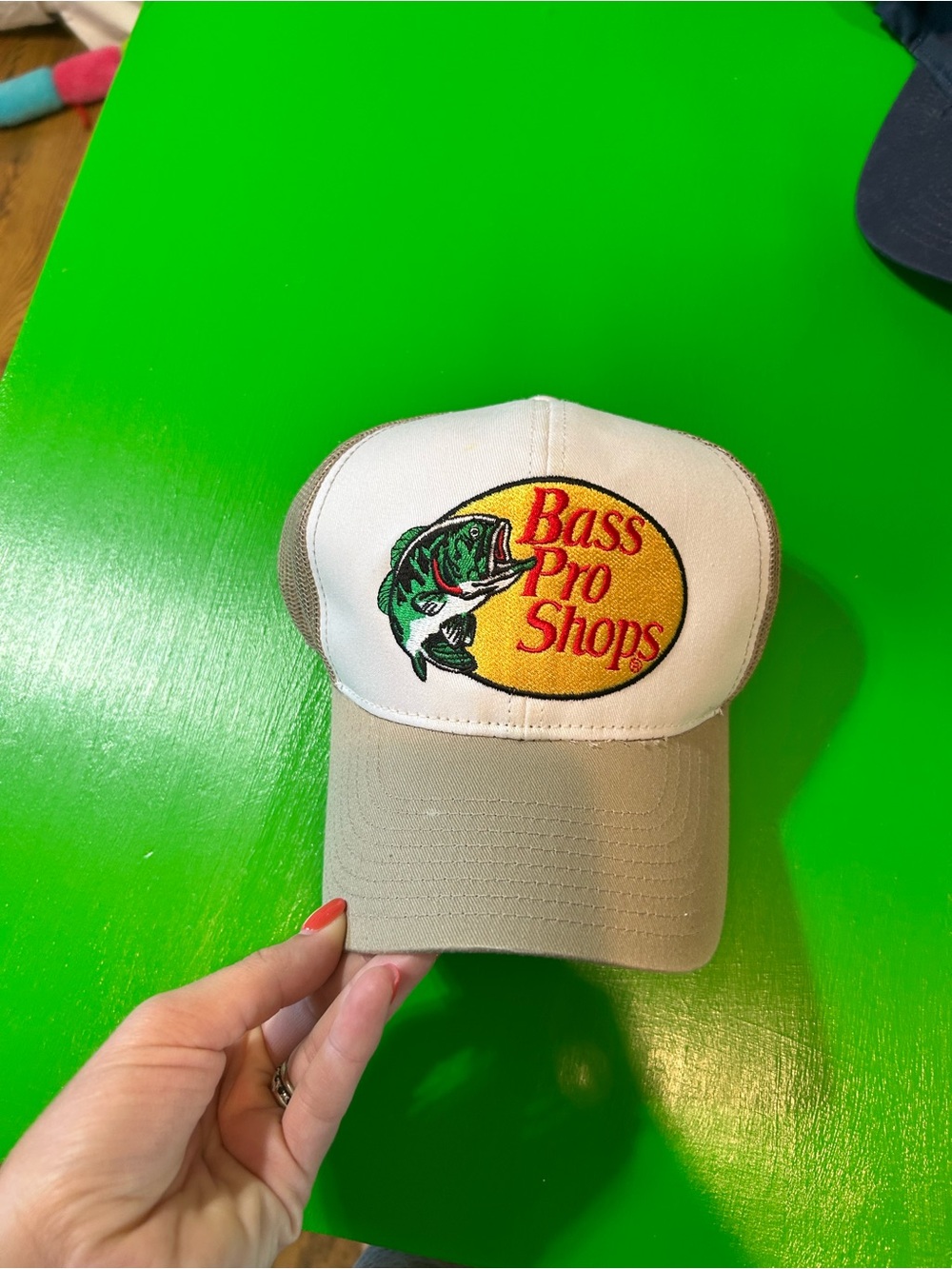 Bass Pro Shops White and Tan Fishing Trucker Hat with Trout Patch